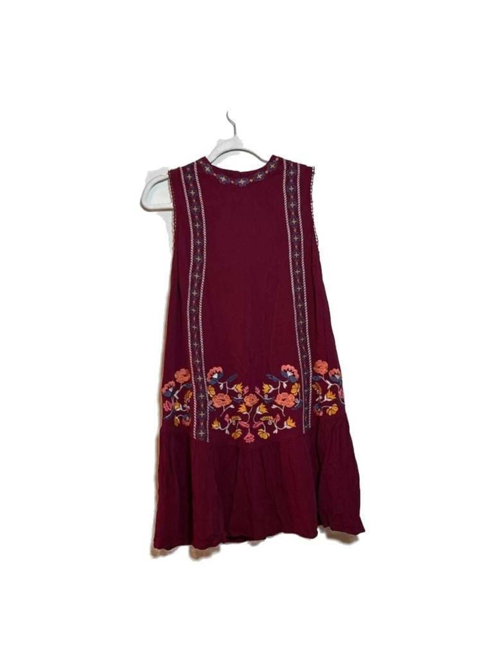 L Xhilaration Maroon Sleeveless Embroidered Drop Waist Dress